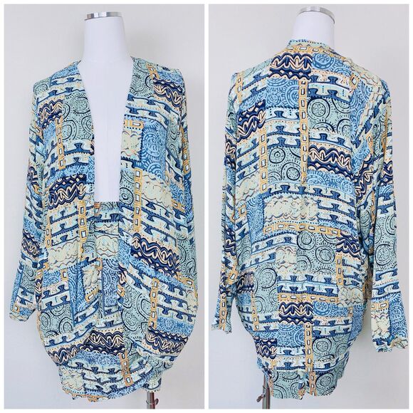 1990s Vintage Blue Southwestern Sarong Skirt Set / 90s Rayon Cocoon Jacket 10 - Picture 2 of 10